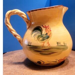 Home Rooster Pattern Yellow Ceramic 96 oz Large Pitcher Twisted Handle 8.5in